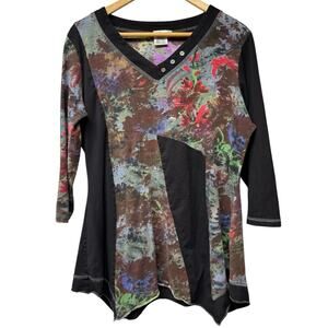 Parsley & Sage Heavenly Tunic Shirt Size Large V-Neck Patchwork Bohemian Artsy
